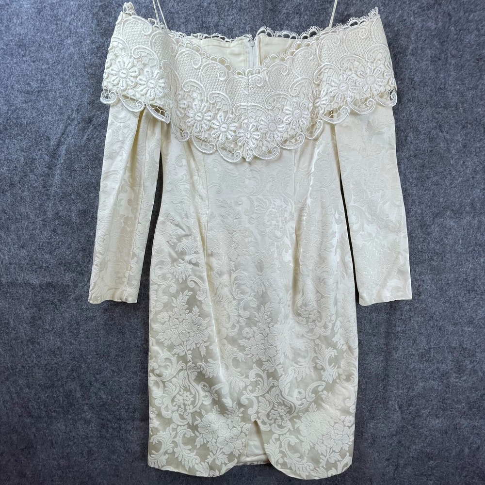 Vintage Scott McClintock Dress Womens 6 Cream Damask Wide Collar Wedding Lace 80